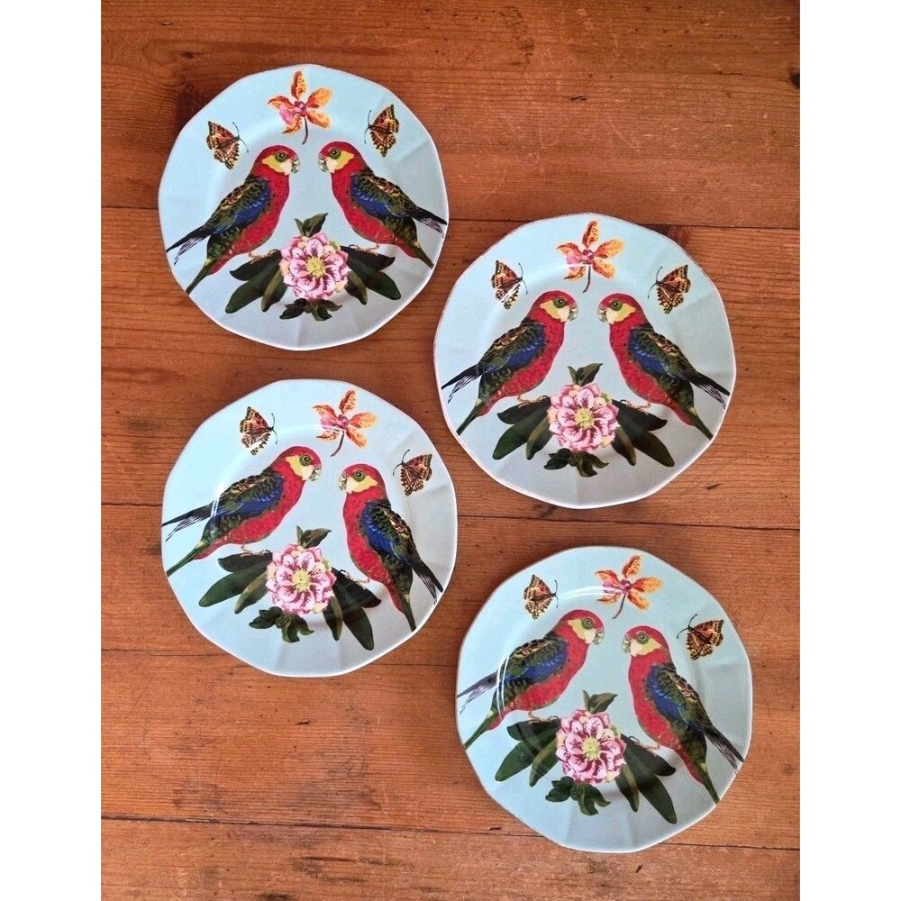 4 Anthropologie Nathalie Lete Titania 8" Colorful Parrot Dessert Salad Plates